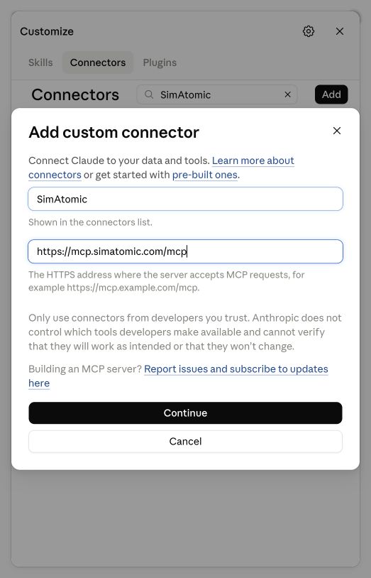 Claude’s custom connector form with SimAtomic and https://mcp.simatomic.com/mcp entered.
