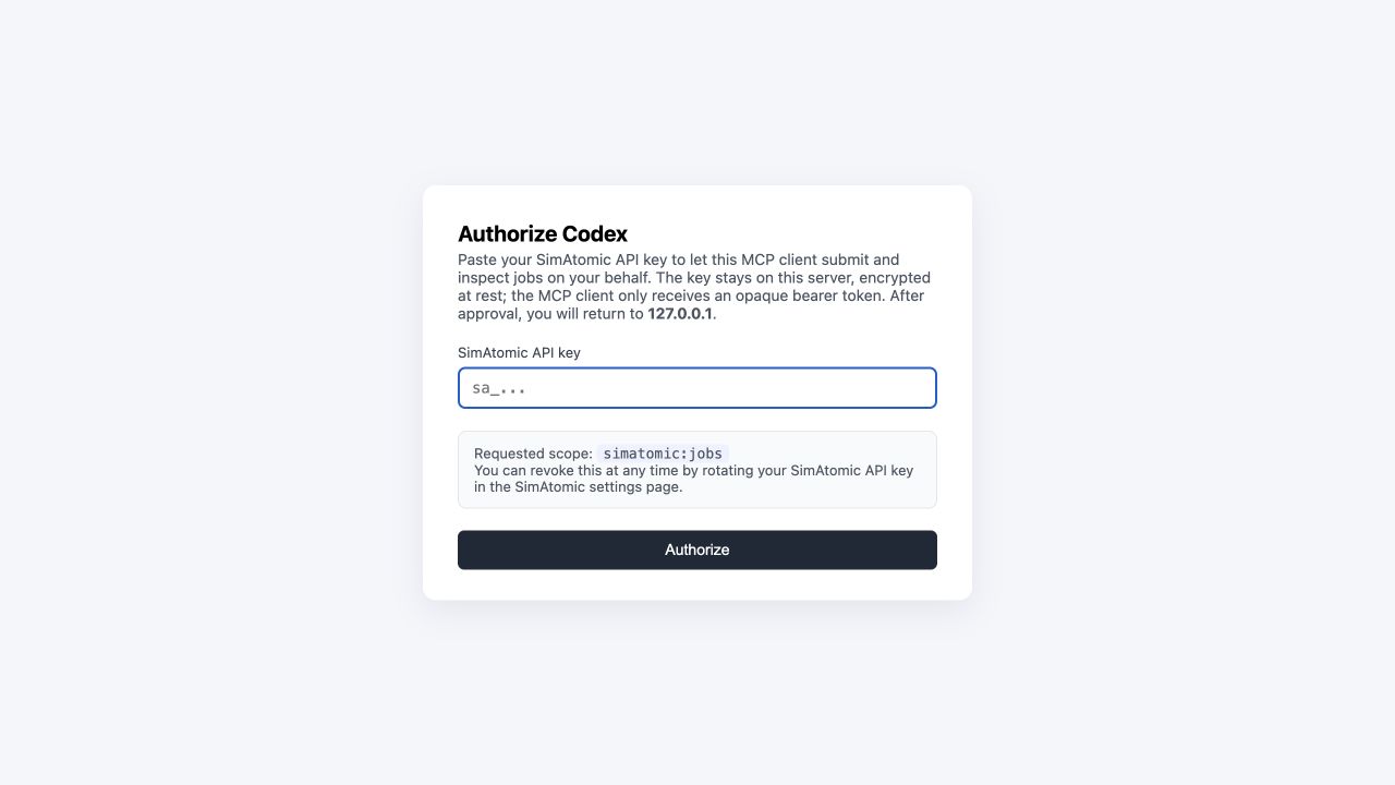 SimAtomic Authorize Codex page with an empty API key field, requested simatomic:jobs scope, and Authorize button.